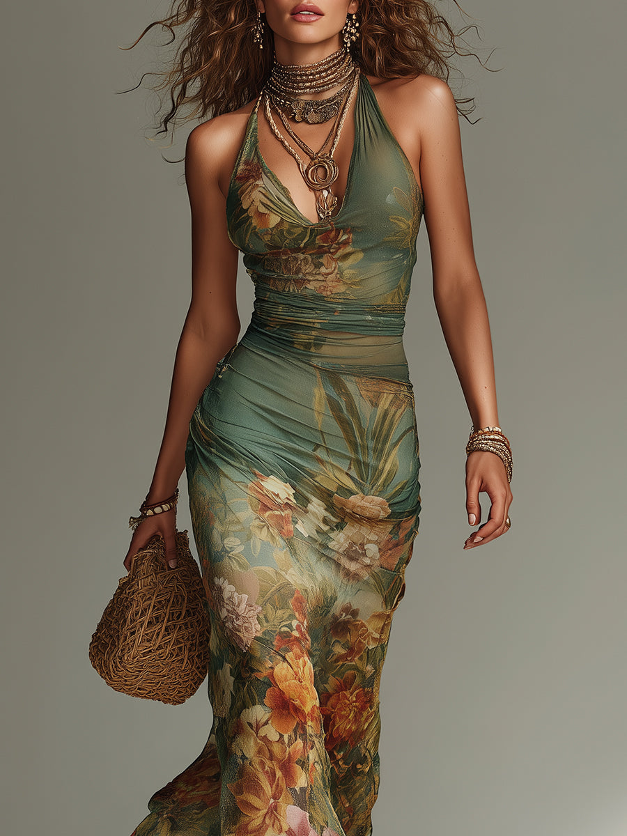 Vestido maxi de malla ajustado con estampado floral de pintura al óleo, estilo retro