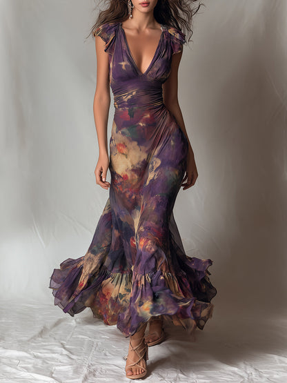 Monet Garden Vestido maxi con escote en V y ribete de volantes