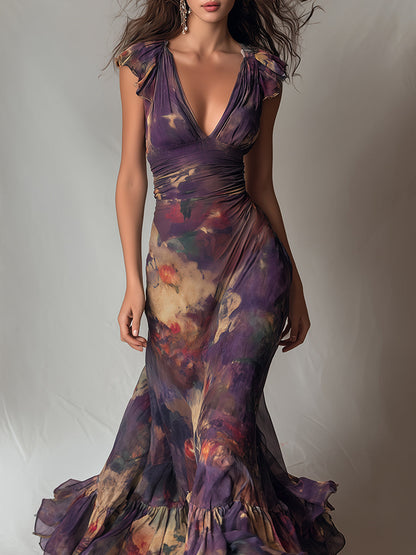 Monet Garden Vestido maxi con escote en V y ribete de volantes