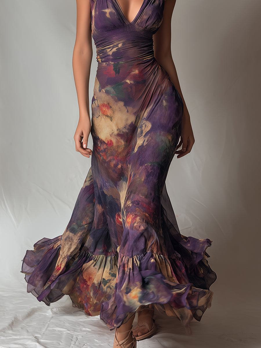 Monet Garden Vestido maxi con escote en V y ribete de volantes