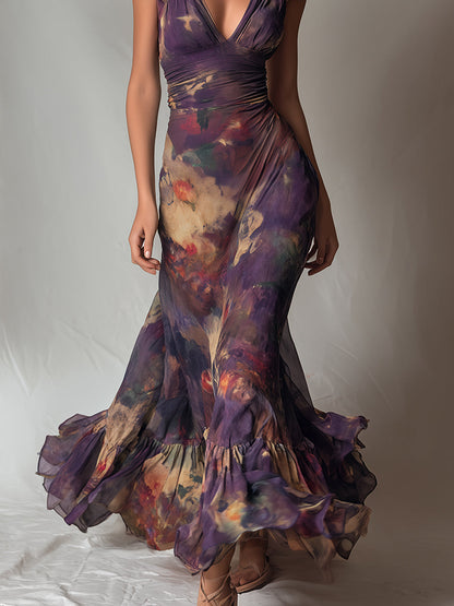 Monet Garden Vestido maxi con escote en V y ribete de volantes