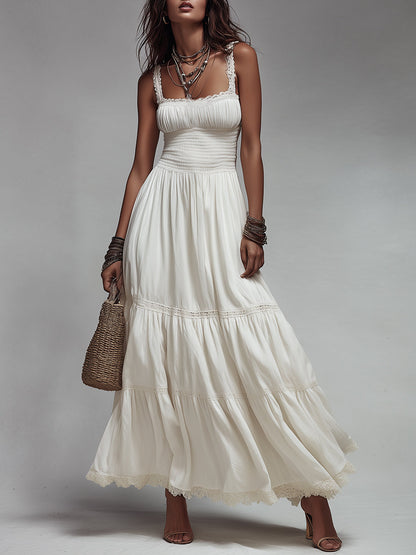 Vestido maxi de algodón bohemio con frunce y borde de encaje
