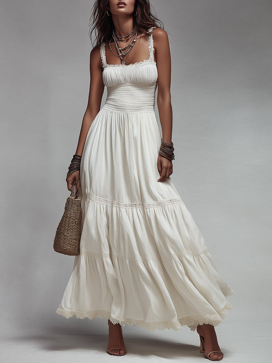 Vestido maxi de algodón bohemio con frunce y borde de encaje