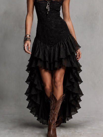 Vestido Maxi de Encaje Gótico con Varias Capas y Volantes con Dobladillo Alto-Bajo