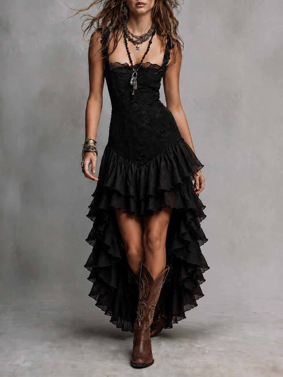 Vestido Maxi de Encaje Gótico con Varias Capas y Volantes con Dobladillo Alto-Bajo