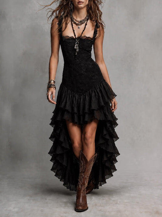 Vestido Maxi de Encaje Gótico con Varias Capas y Volantes con Dobladillo Alto-Bajo