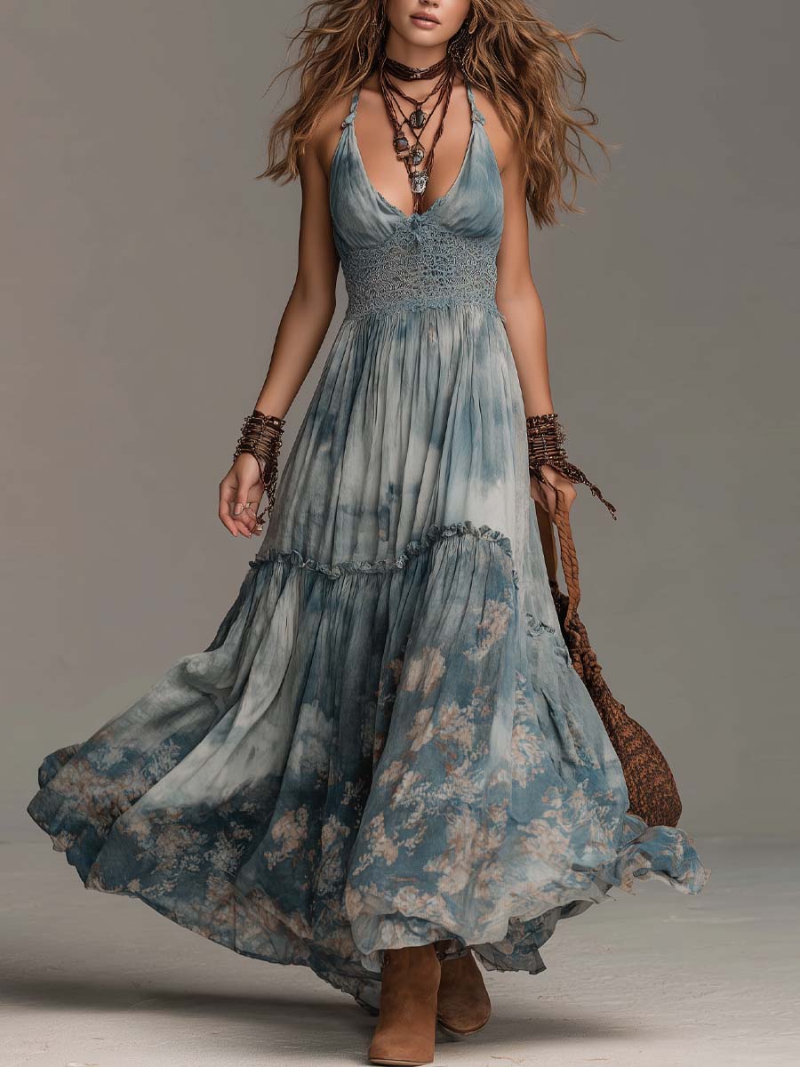Vestido maxi halter retro con estampado floral y teñido tie-dye