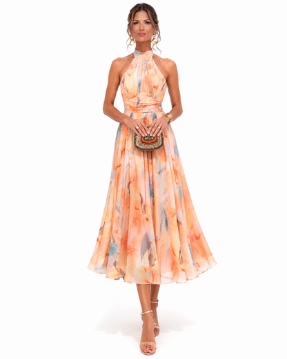 Aurora - Vestido de cuello halter con estampado de acuarela