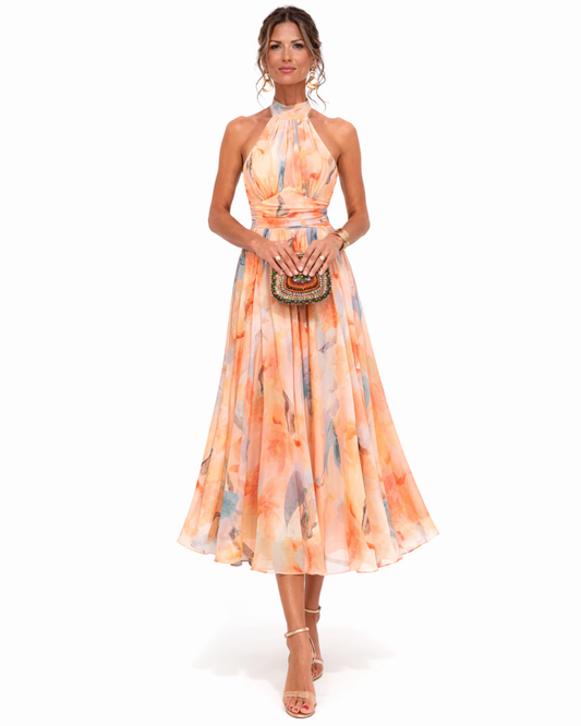 Aurora - Vestido de cuello halter con estampado de acuarela