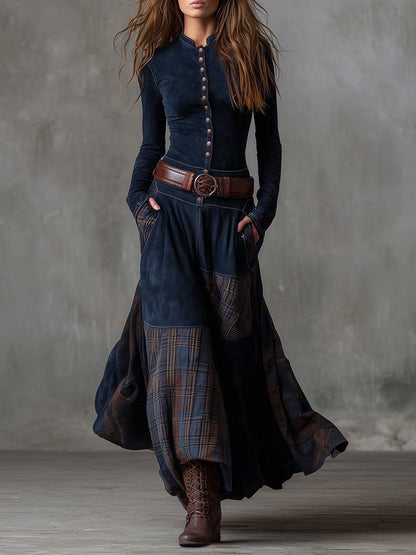 Vestido maxi de gamuza vintage con patchwork y paneles a cuadros