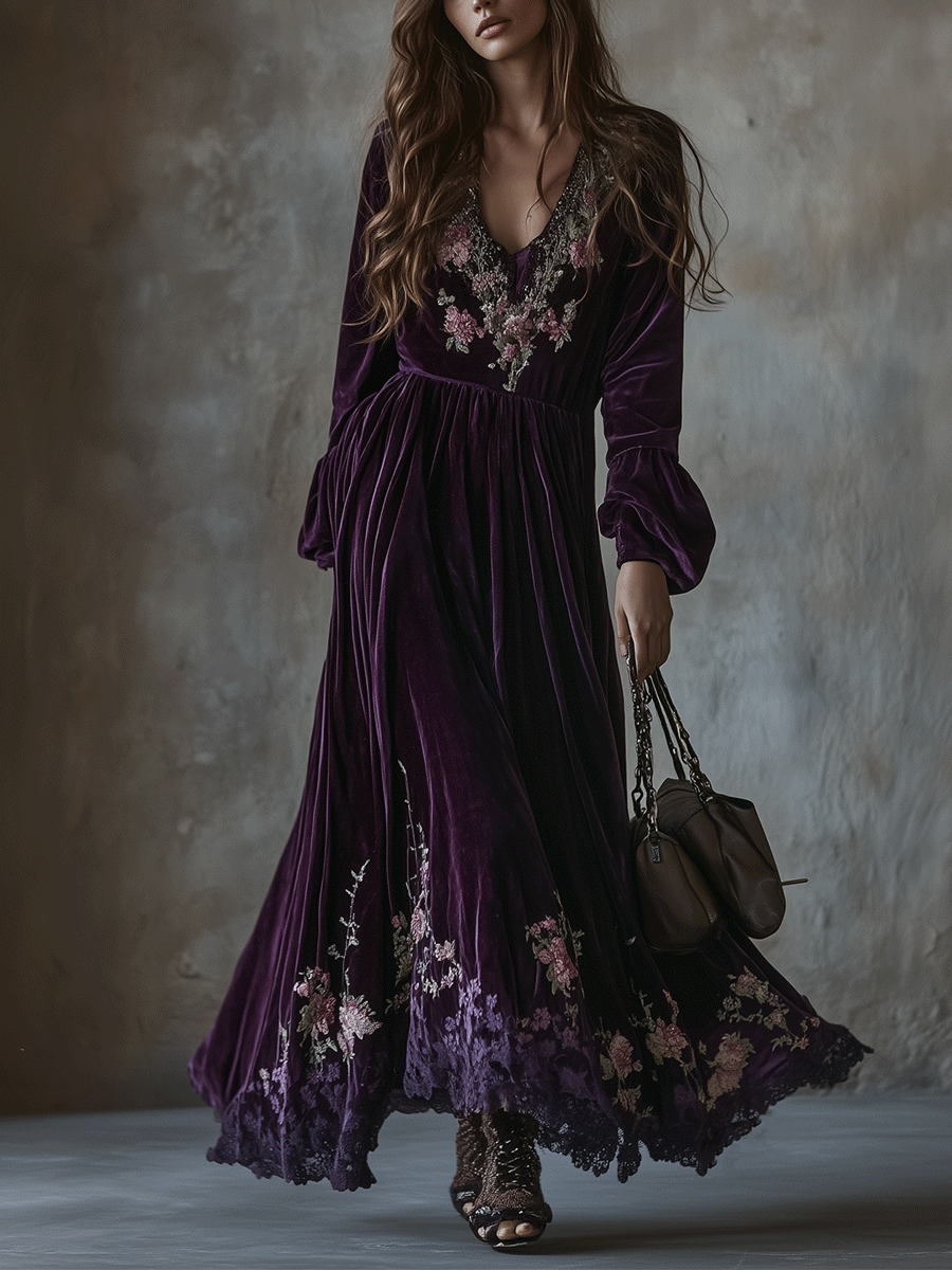 Vestido maxi de terciopelo bordado con motivos florales vintage