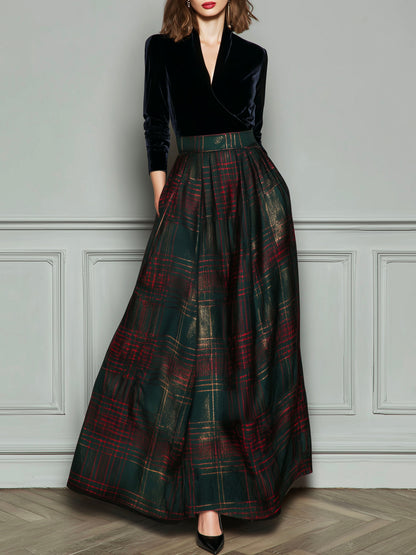 Elegante vestido de noche de cintura alta en terciopelo y cuadros con falda amplia