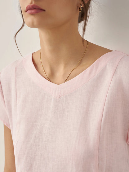 Vestido de verano 100% lino natural con cuello de pico ALEXA