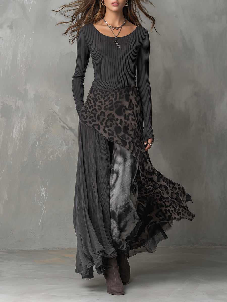 Vestido maxi bohemio con paneles en estampado de leopardo y rayas, dobladillo irregular