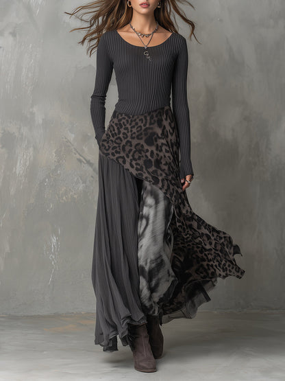 Vestido maxi bohemio con paneles en estampado de leopardo y rayas, dobladillo irregular