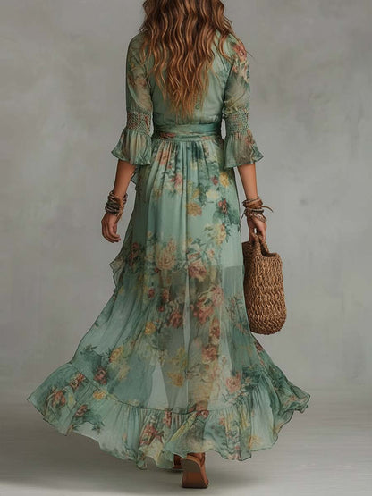 Vestido largo envolvente floral retro romántico