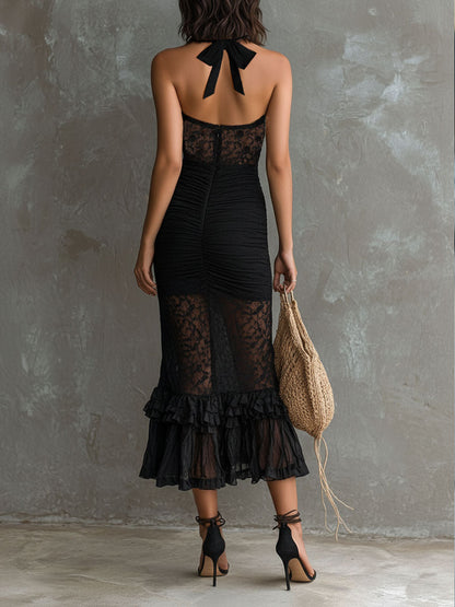Vestido midi negro de encaje transparente con cuello halter, romántico y bohemio