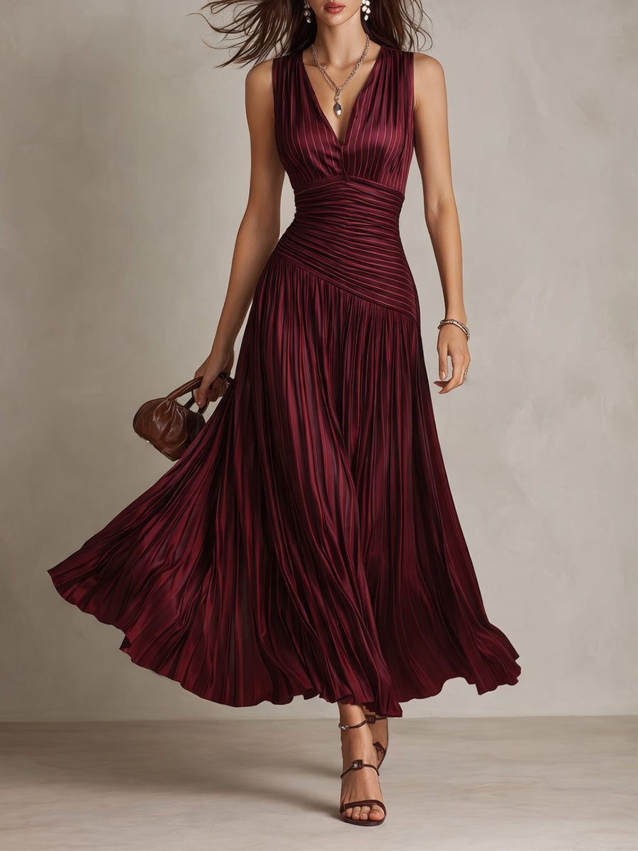 Vestido maxi de satén plisado a rayas vintage