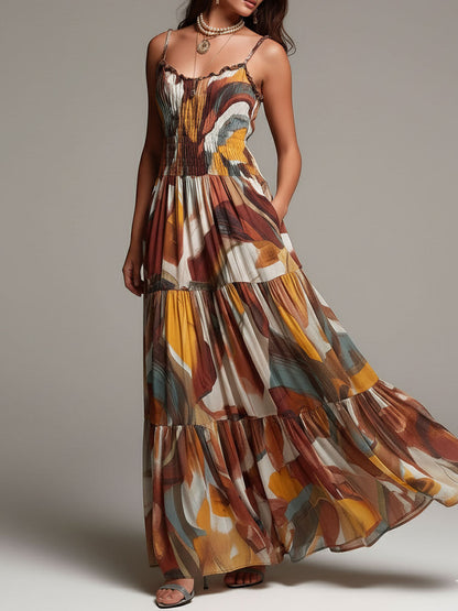 Vestido maxi bohemio con cuerpo fruncido y estampado abstracto multicolor
