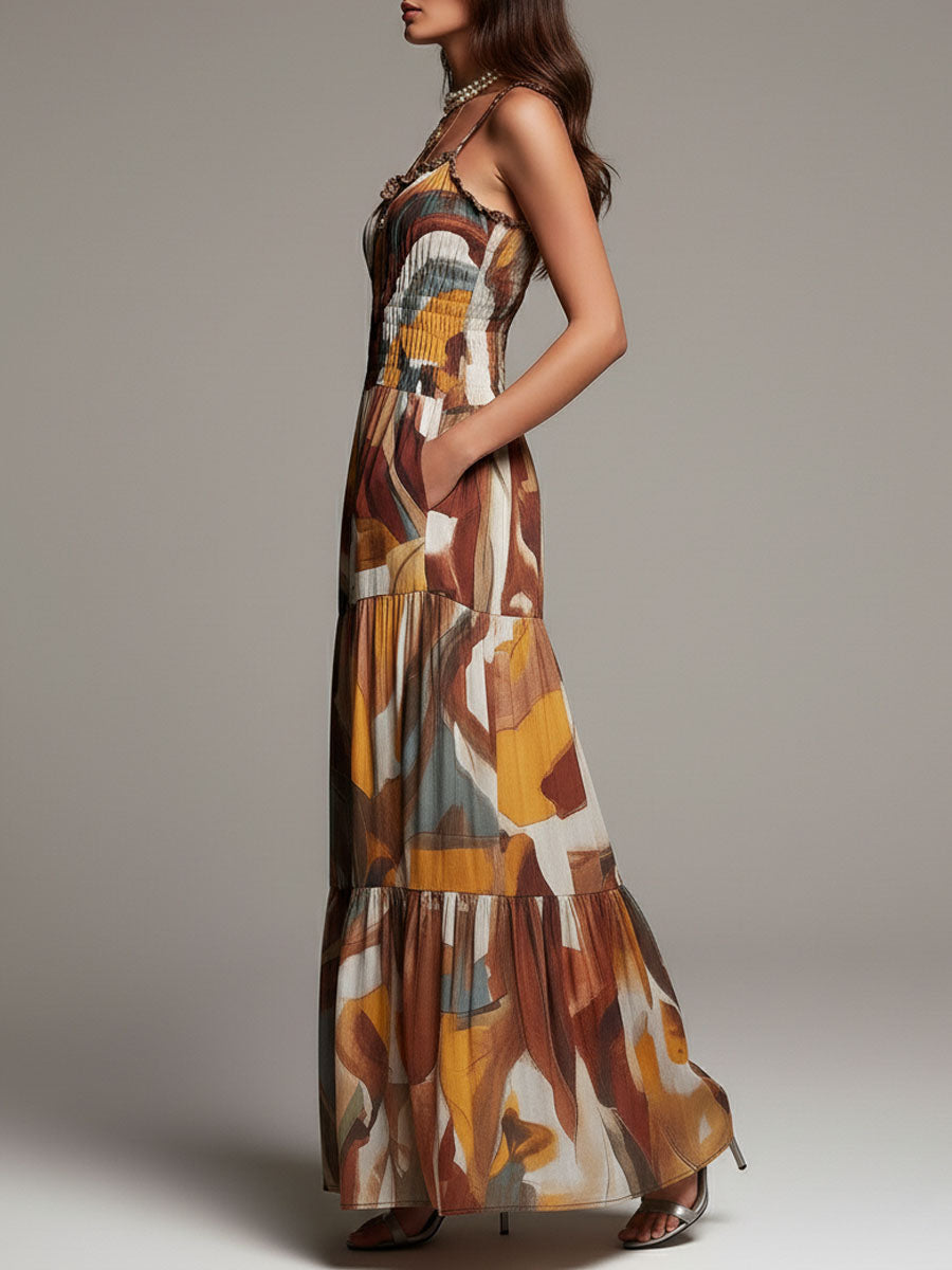 Vestido maxi bohemio con cuerpo fruncido y estampado abstracto multicolor