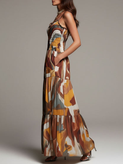 Vestido maxi bohemio con cuerpo fruncido y estampado abstracto multicolor