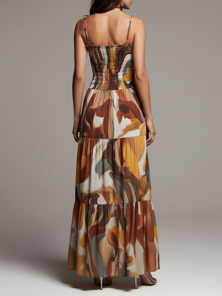 Vestido maxi bohemio con cuerpo fruncido y estampado abstracto multicolor