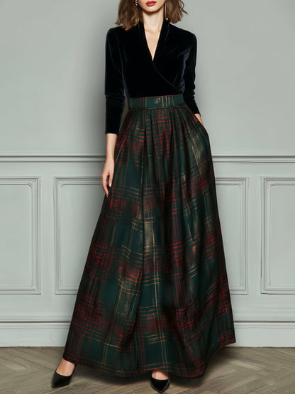 Elegante vestido de noche de cintura alta en terciopelo y cuadros con falda amplia