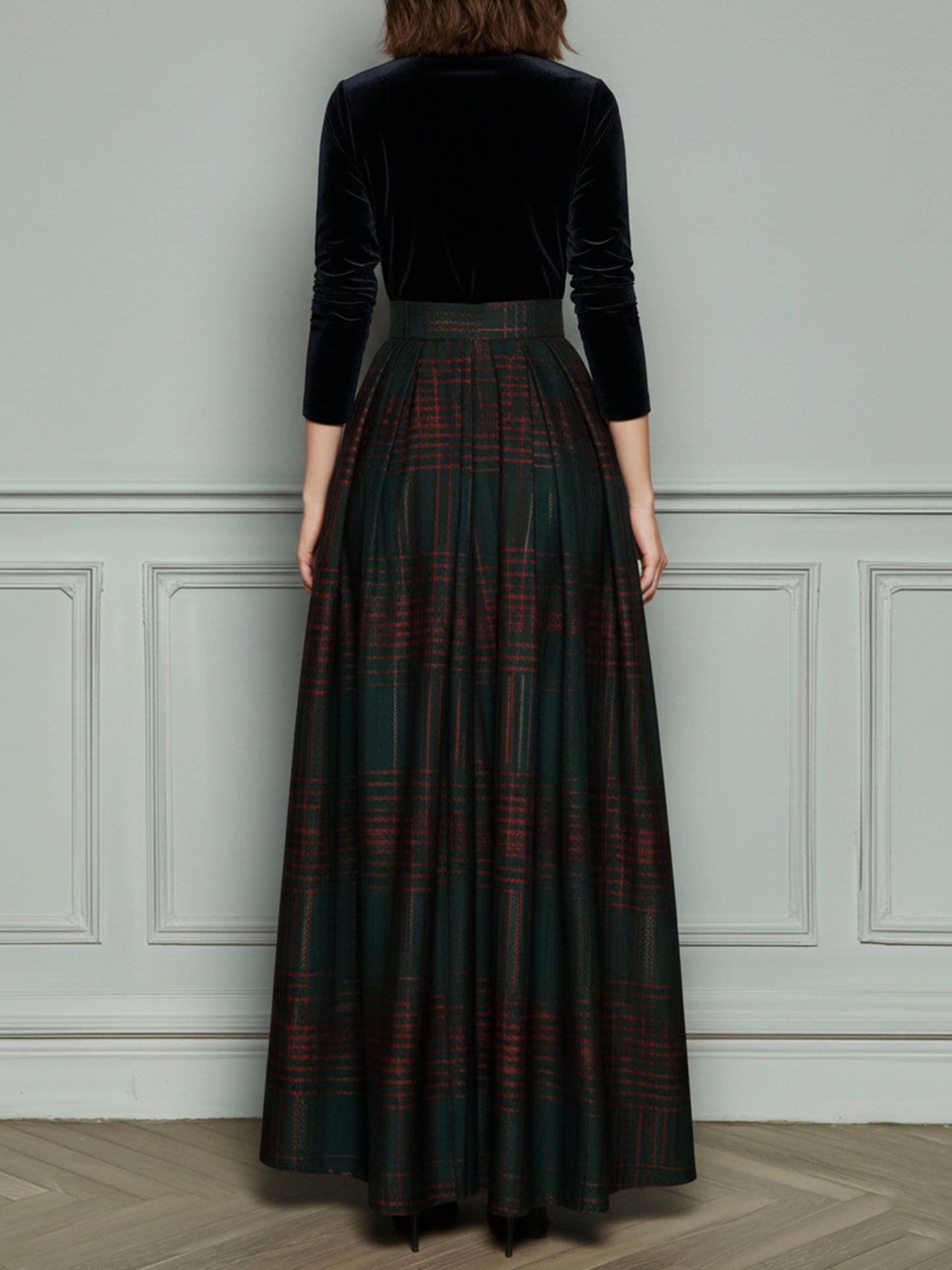 Elegante vestido de noche de cintura alta en terciopelo y cuadros con falda amplia