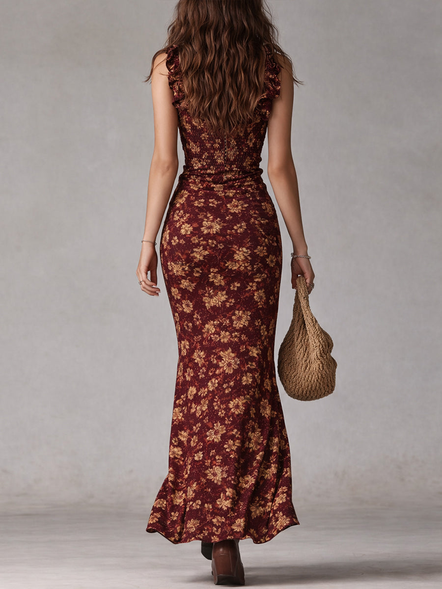 Vestido maxi bohemio retro con mangas volantes y gran abertura