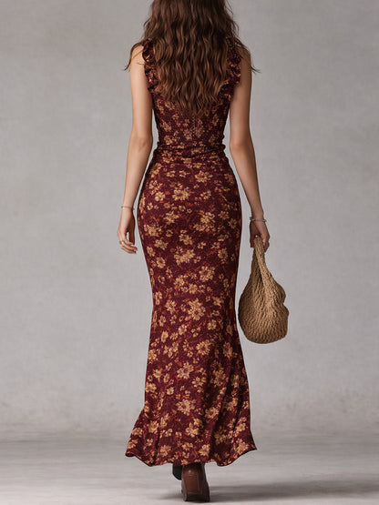 Vestido maxi bohemio retro con mangas volantes y gran abertura