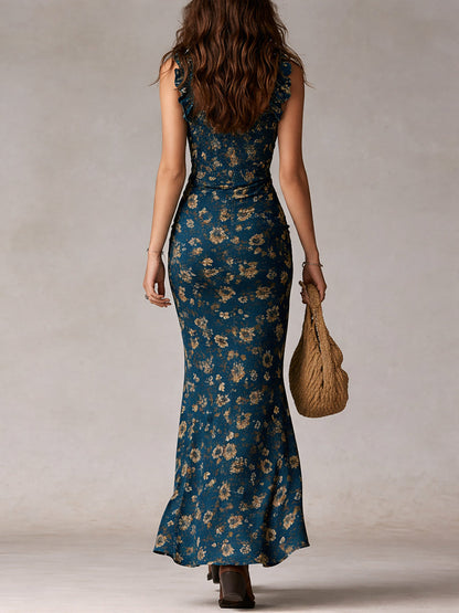 Vestido maxi bohemio retro con mangas volantes y gran abertura
