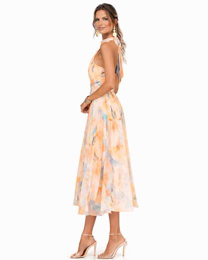 Aurora - Vestido de cuello halter con estampado de acuarela