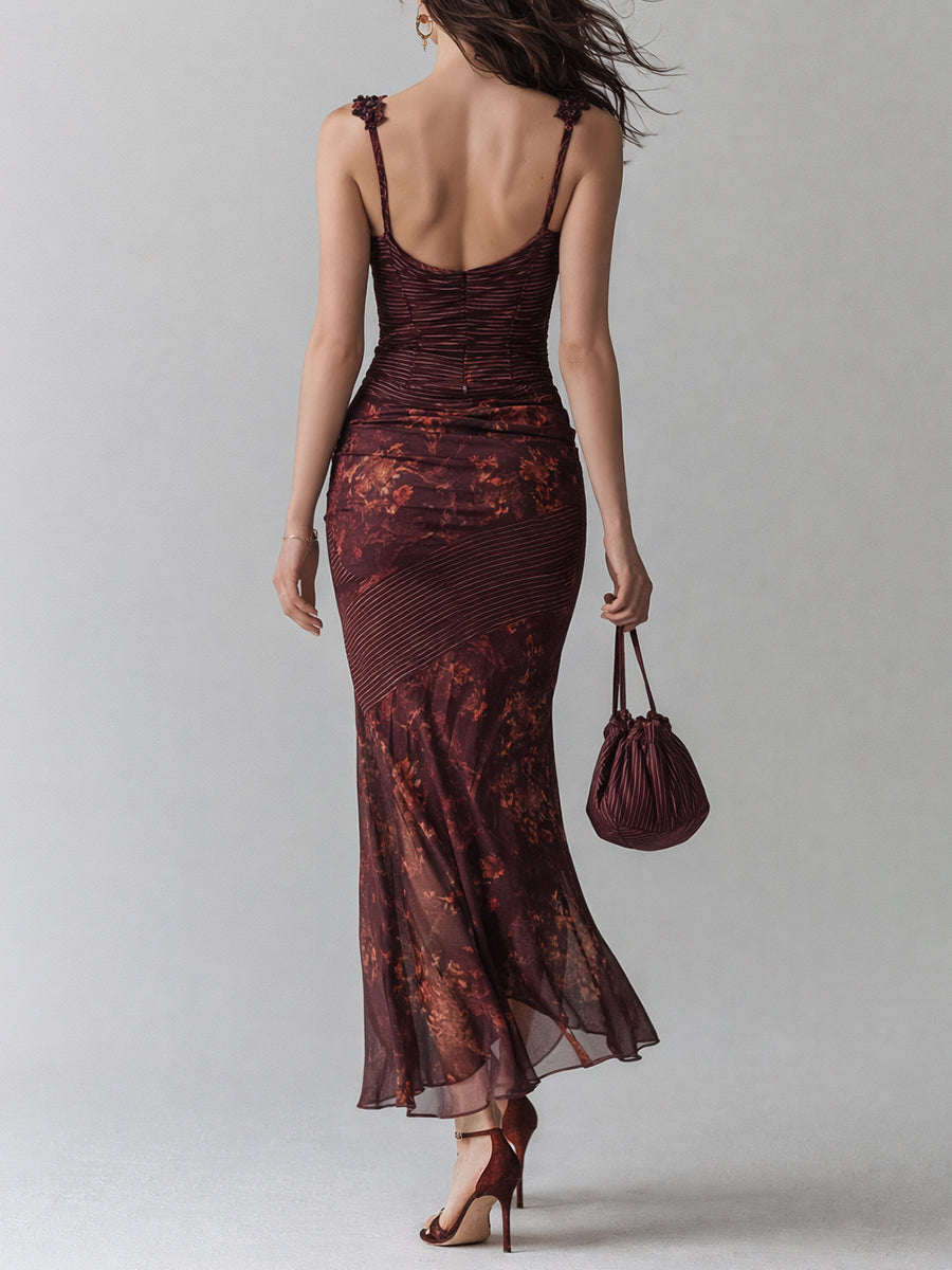 Vestido maxi de tirantes retro a rayas con flores en paneles