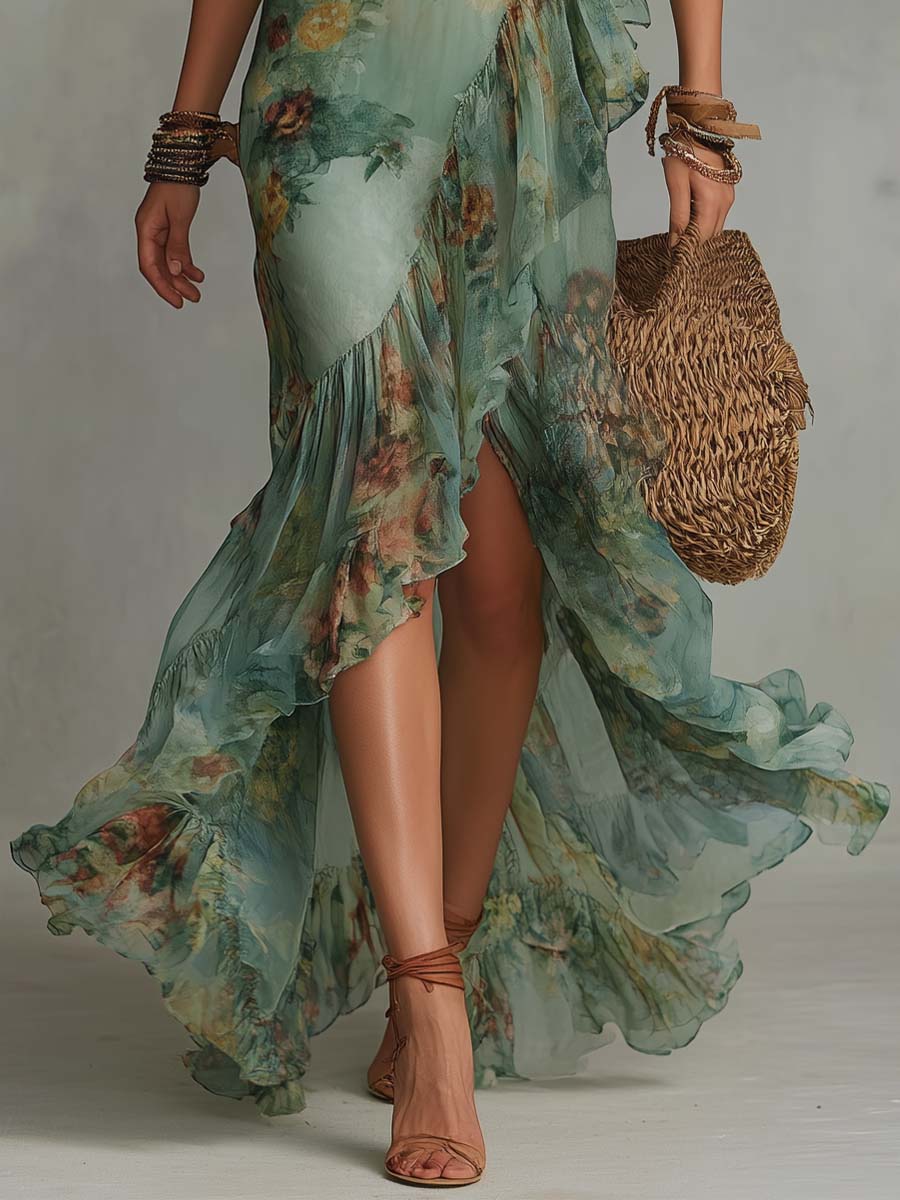 Vestido largo envolvente floral retro romántico