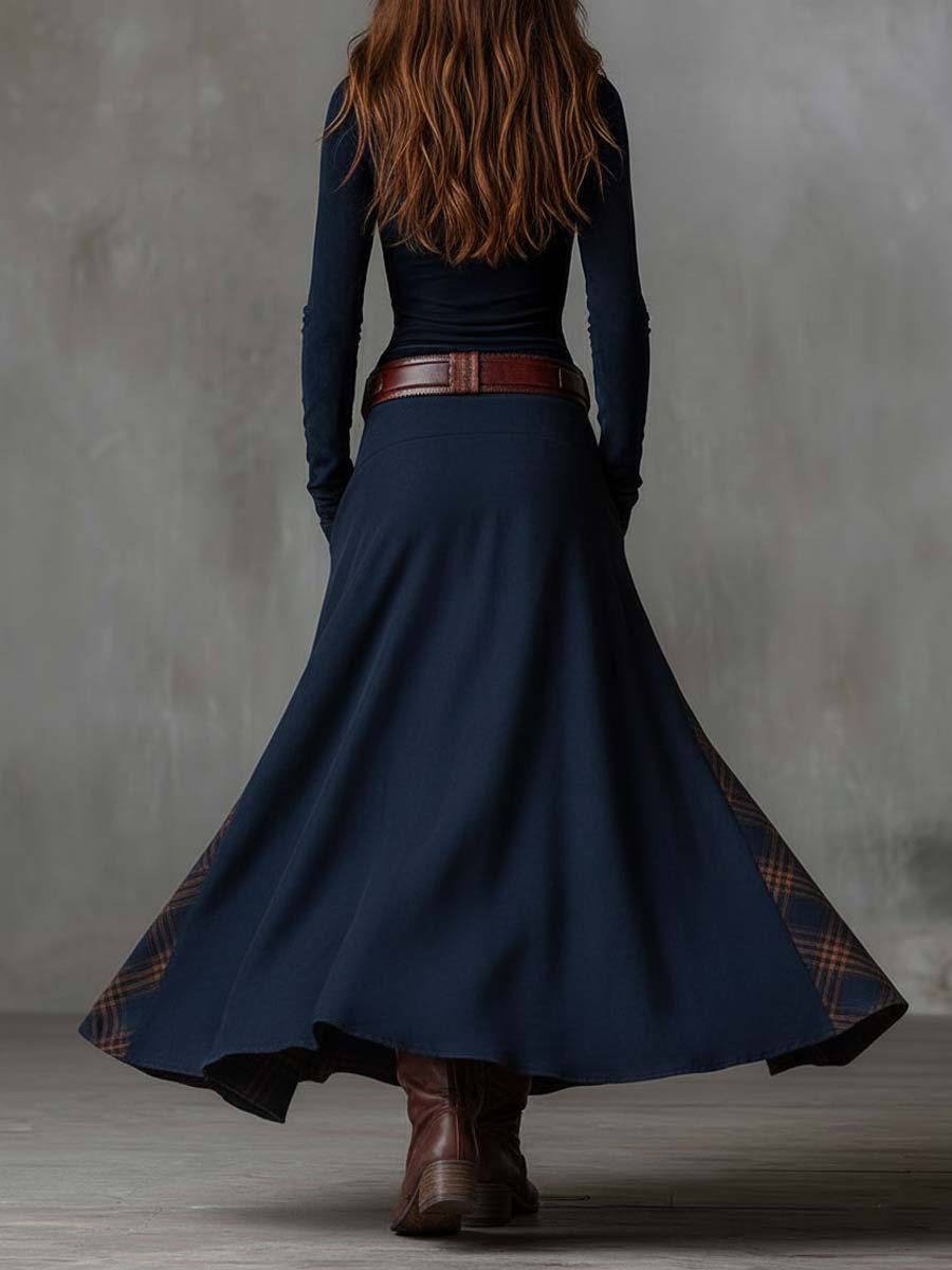 Vestido maxi de gamuza vintage con patchwork y paneles a cuadros