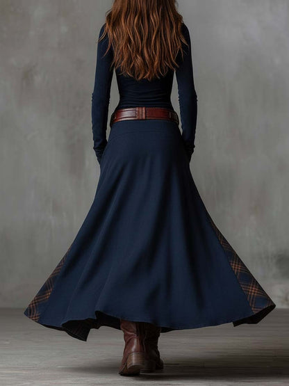 Vestido maxi de gamuza vintage con patchwork y paneles a cuadros