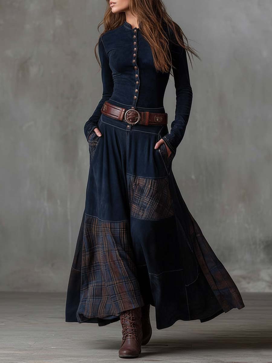 Vestido maxi de gamuza vintage con patchwork y paneles a cuadros