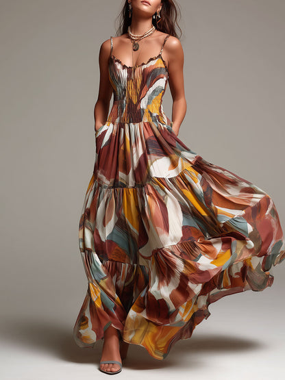 Vestido maxi bohemio con cuerpo fruncido y estampado abstracto multicolor