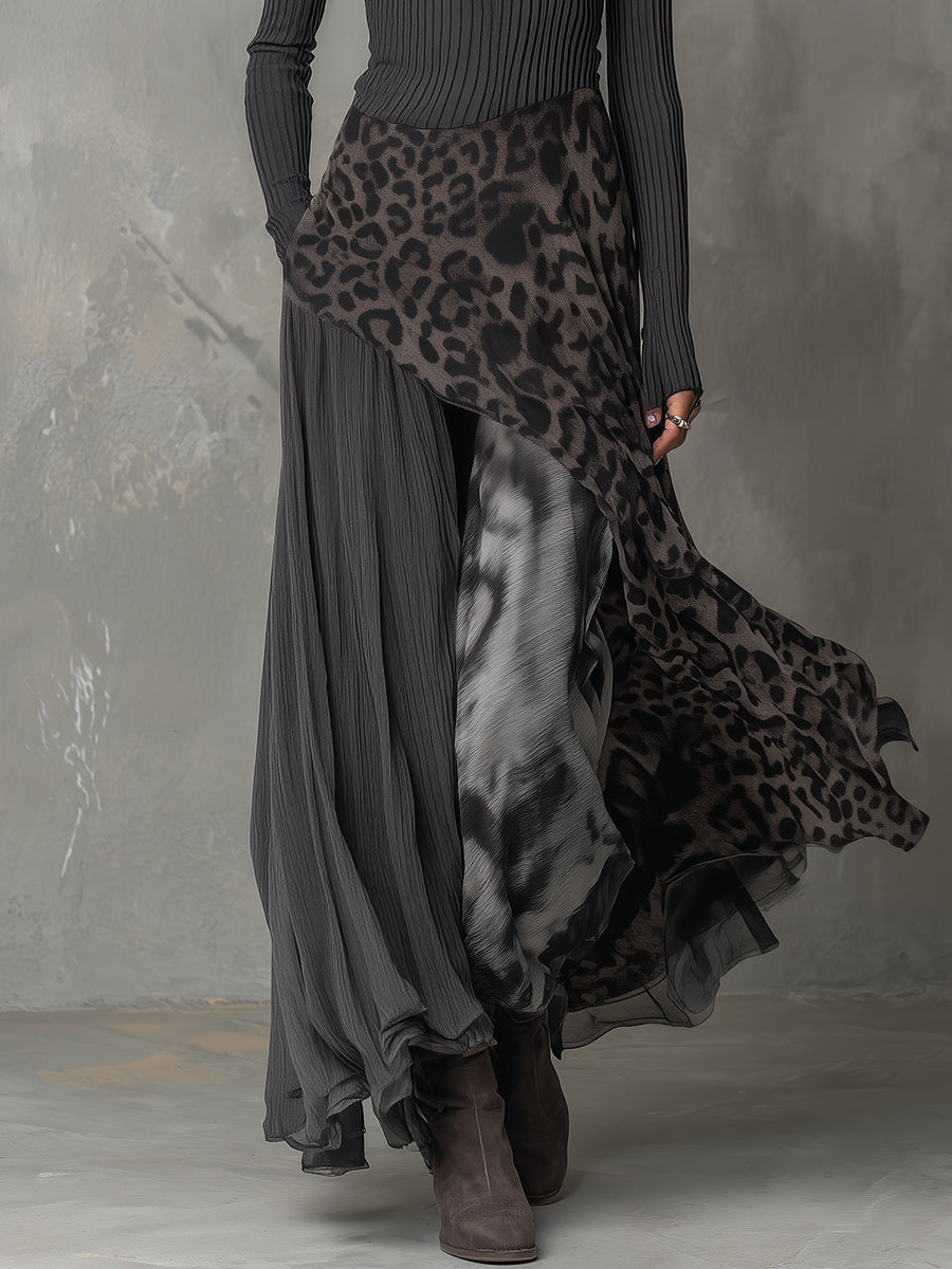 Vestido maxi bohemio con paneles en estampado de leopardo y rayas, dobladillo irregular