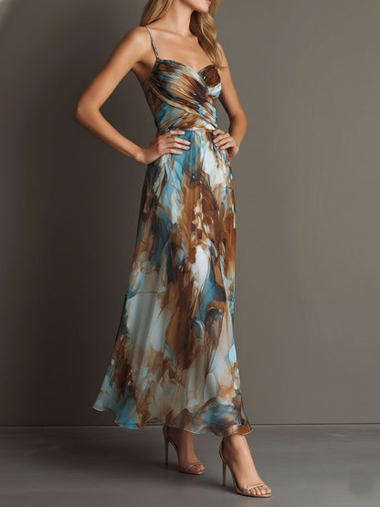 Vestido maxi bohemio de chiffon con estampado en acuarela y tirantes finos