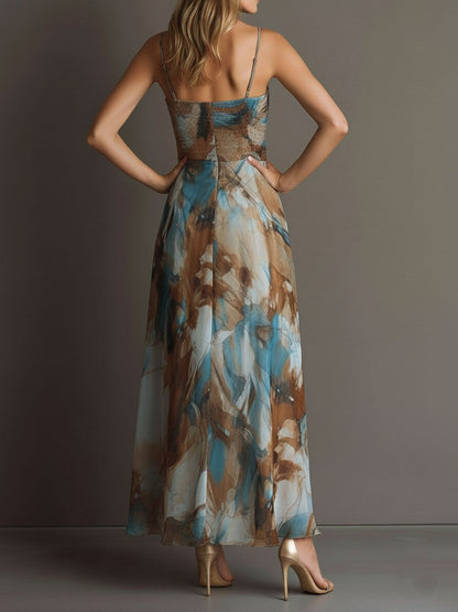 Vestido maxi bohemio de chiffon con estampado en acuarela y tirantes finos