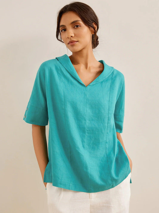 Camisa de Lino 100% Cuello en V Manga Corta SIERRA