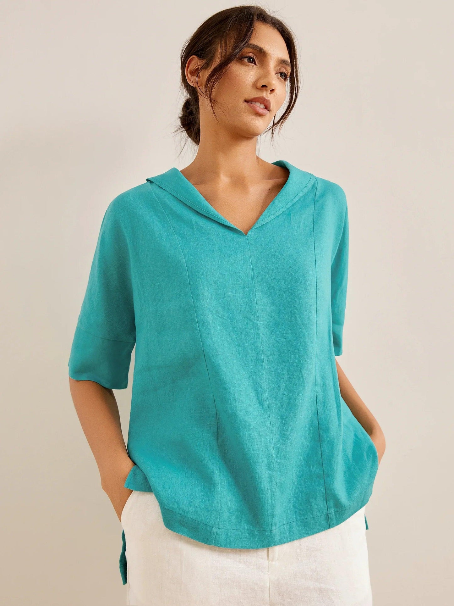 Camisa de Lino 100% Cuello en V Manga Corta SIERRA
