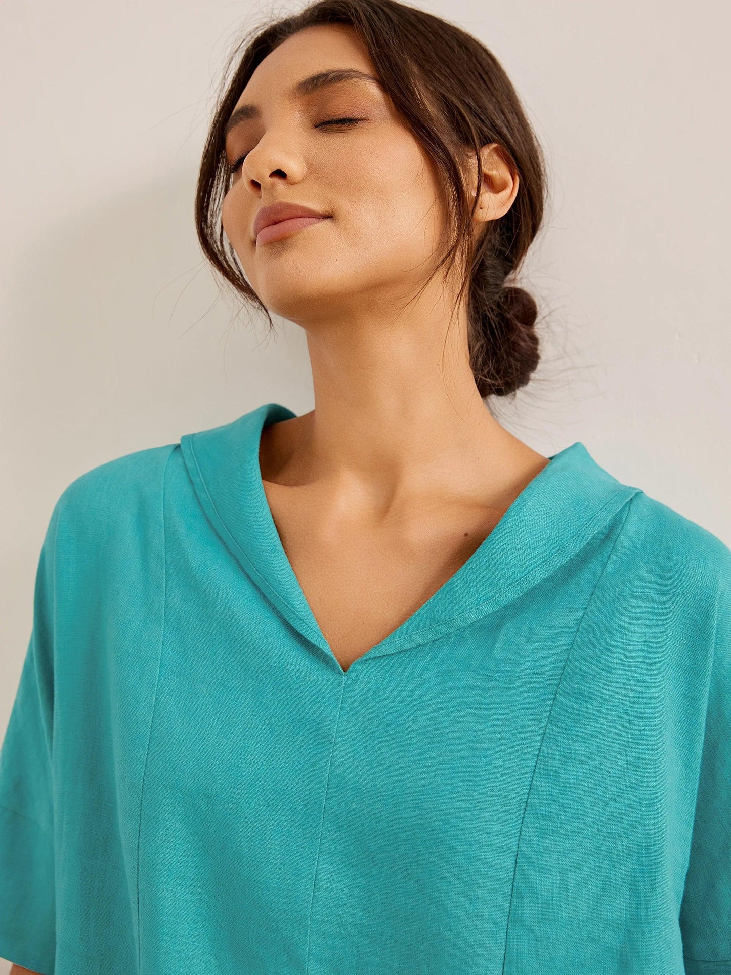 Camisa de Lino 100% Cuello en V Manga Corta SIERRA