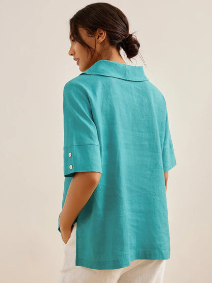 Camisa de Lino 100% Cuello en V Manga Corta SIERRA