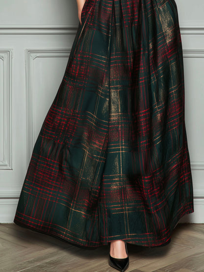 Elegante vestido de noche de cintura alta en terciopelo y cuadros con falda amplia