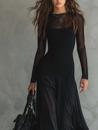 Vestido maxi con mangas transparentes de estilo retro
