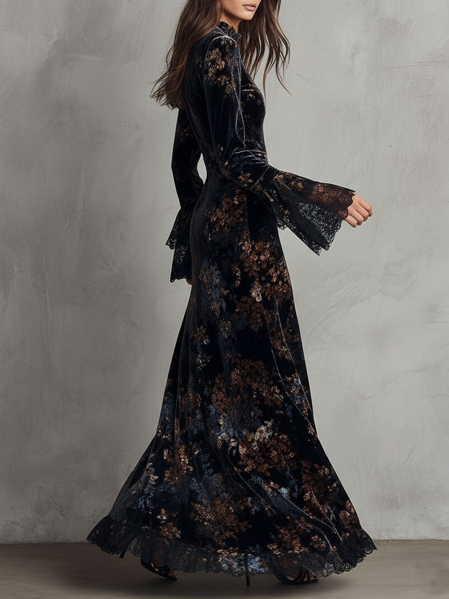 Vestido largo de terciopelo con estampado floral de medianoche, de caída fluida, con mangas campana con ribete de encaje