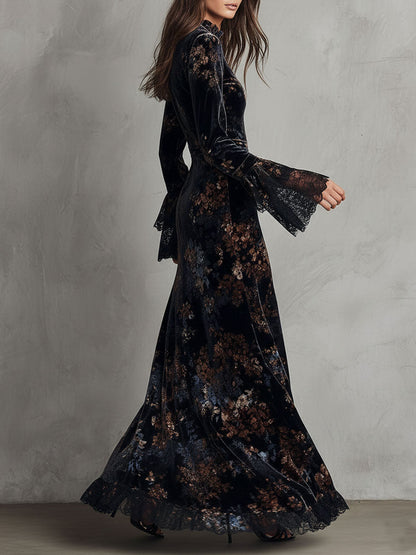 Vestido largo de terciopelo con estampado floral de medianoche, de caída fluida, con mangas campana con ribete de encaje