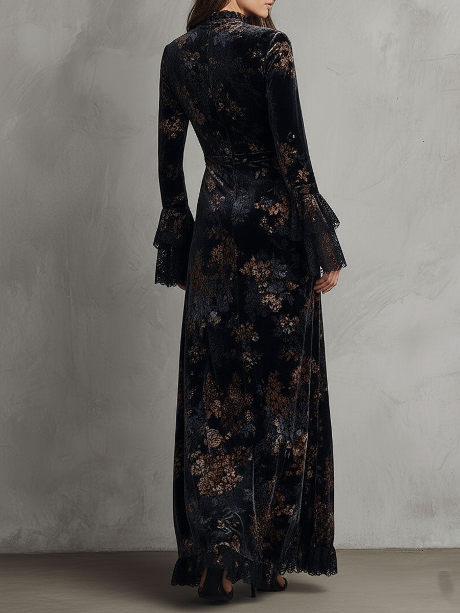 Vestido largo de terciopelo con estampado floral de medianoche, de caída fluida, con mangas campana con ribete de encaje